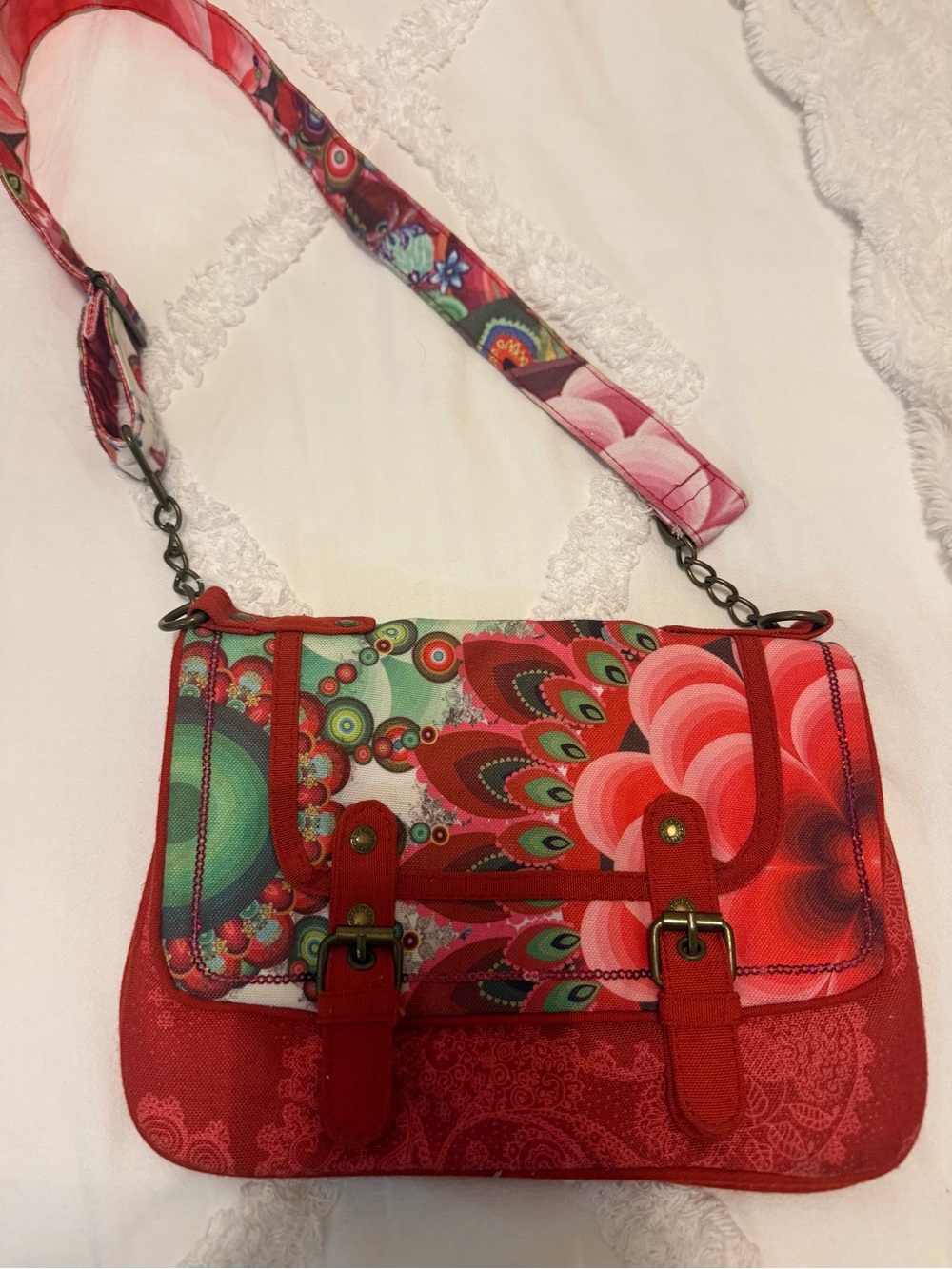 Desigual Red Floral Peacock-Print Crossbody Bag